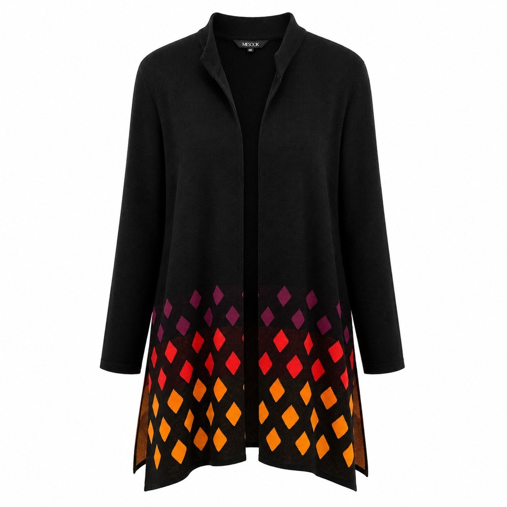 Misook Womens Black Geometric Ombre Knit Open Front Longline Cardigan Jacket 0X